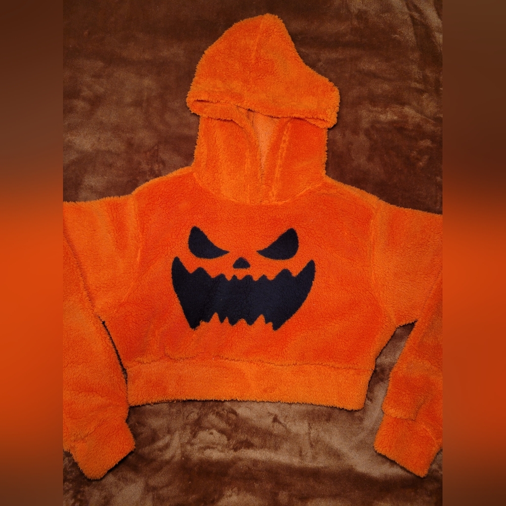 Orange Pumpkin Girls Fuzzy Crop Hoodie